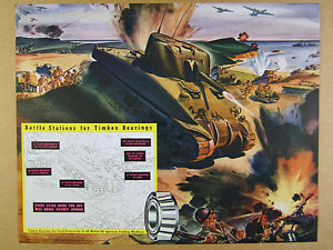 All kinds of faous brand Bearings and block Timken 1944 M4 Sherman Tank WW2 Battle Scene art s vintage print Ad